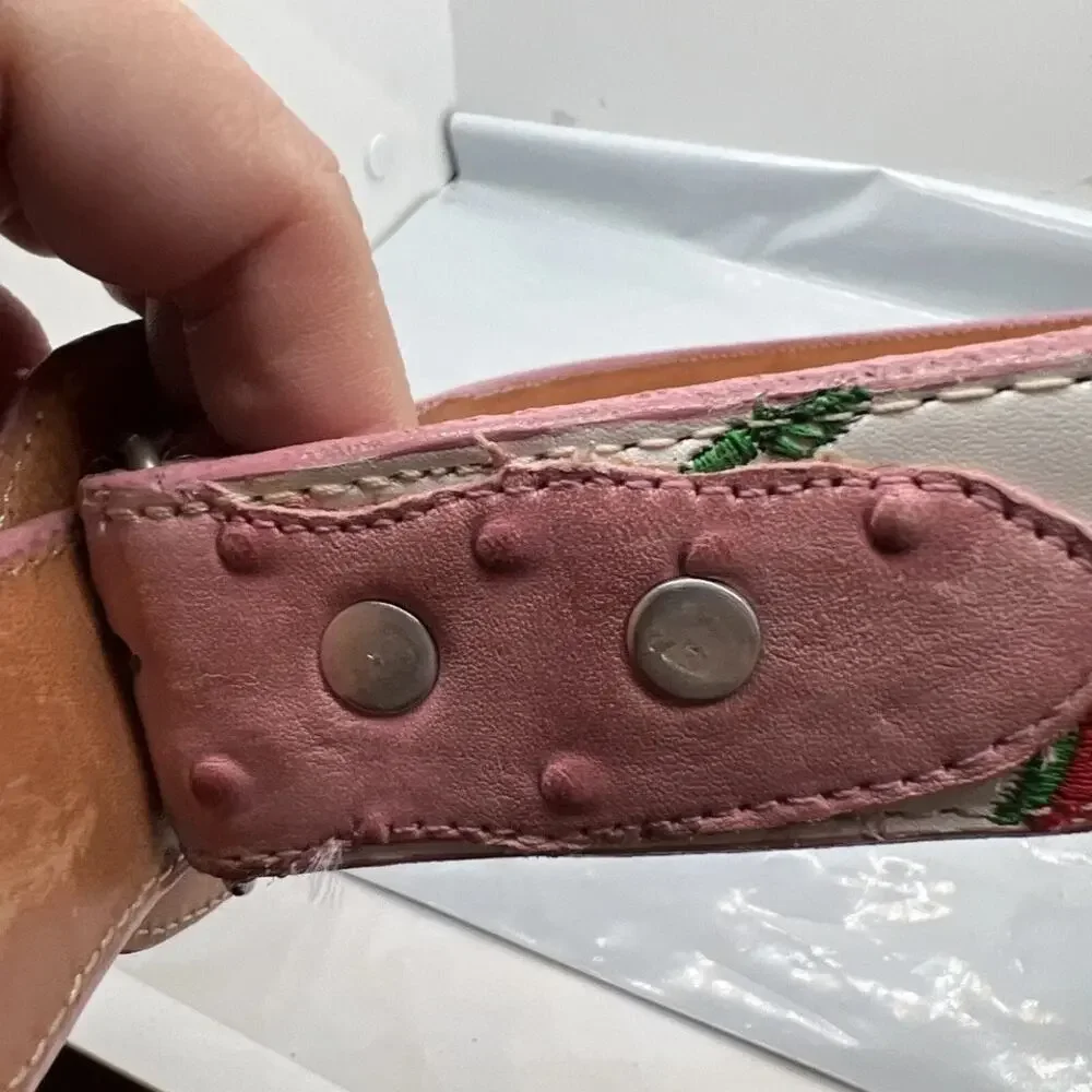 Aguila Real Leather Pink Caiman‎ Tail Embroidered Flowers Belt Rare Size 32